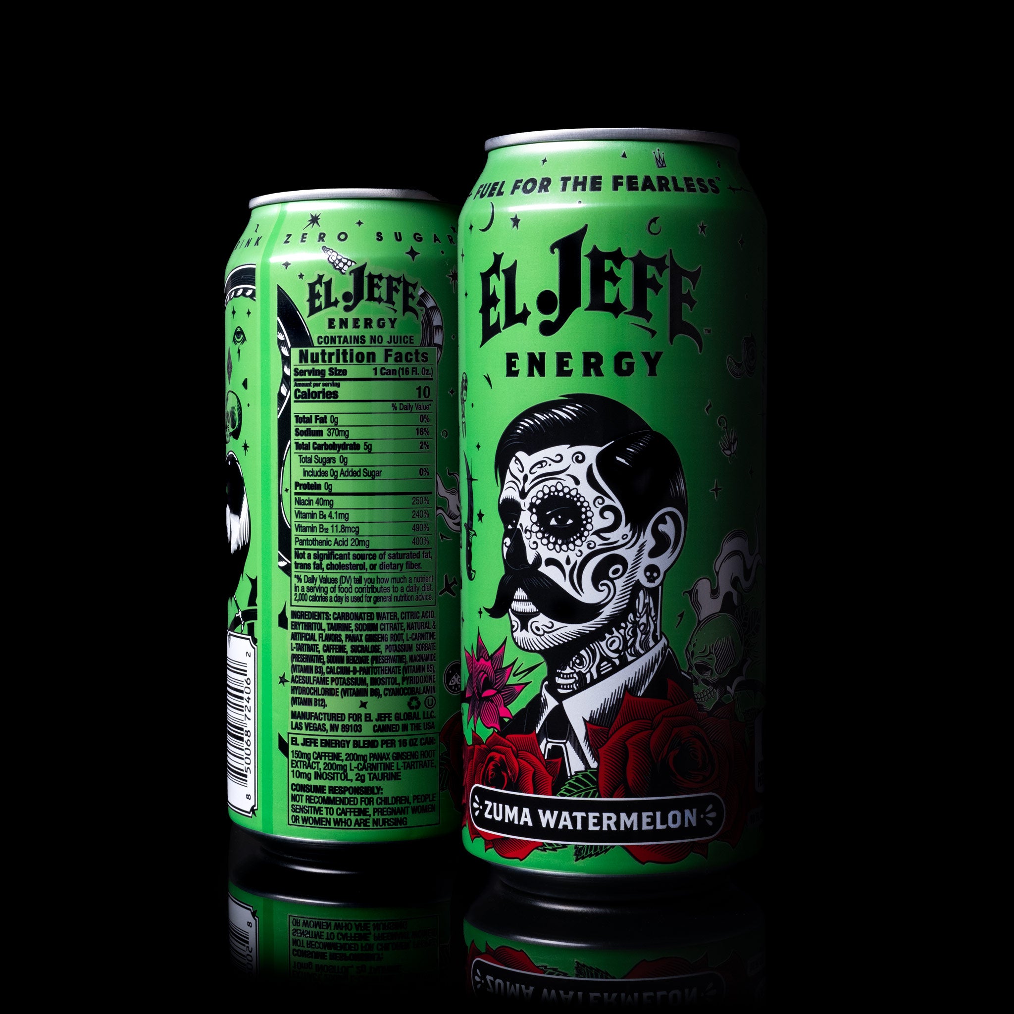 Two green cans of El Jefe Energy Zuma Watermelon drink on a black background