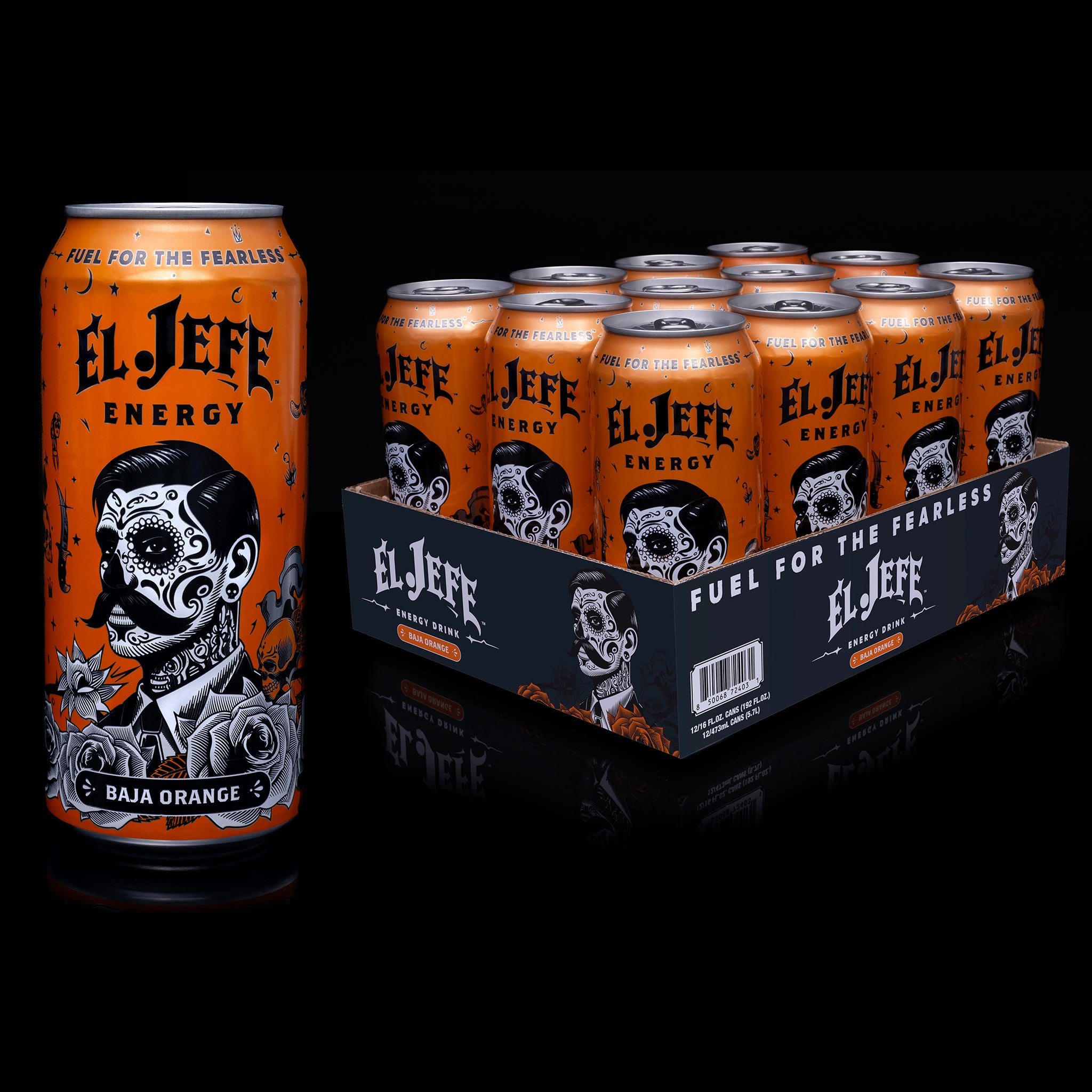 El Jefe Energy Baja Orange can plus 12pk tray on a black background