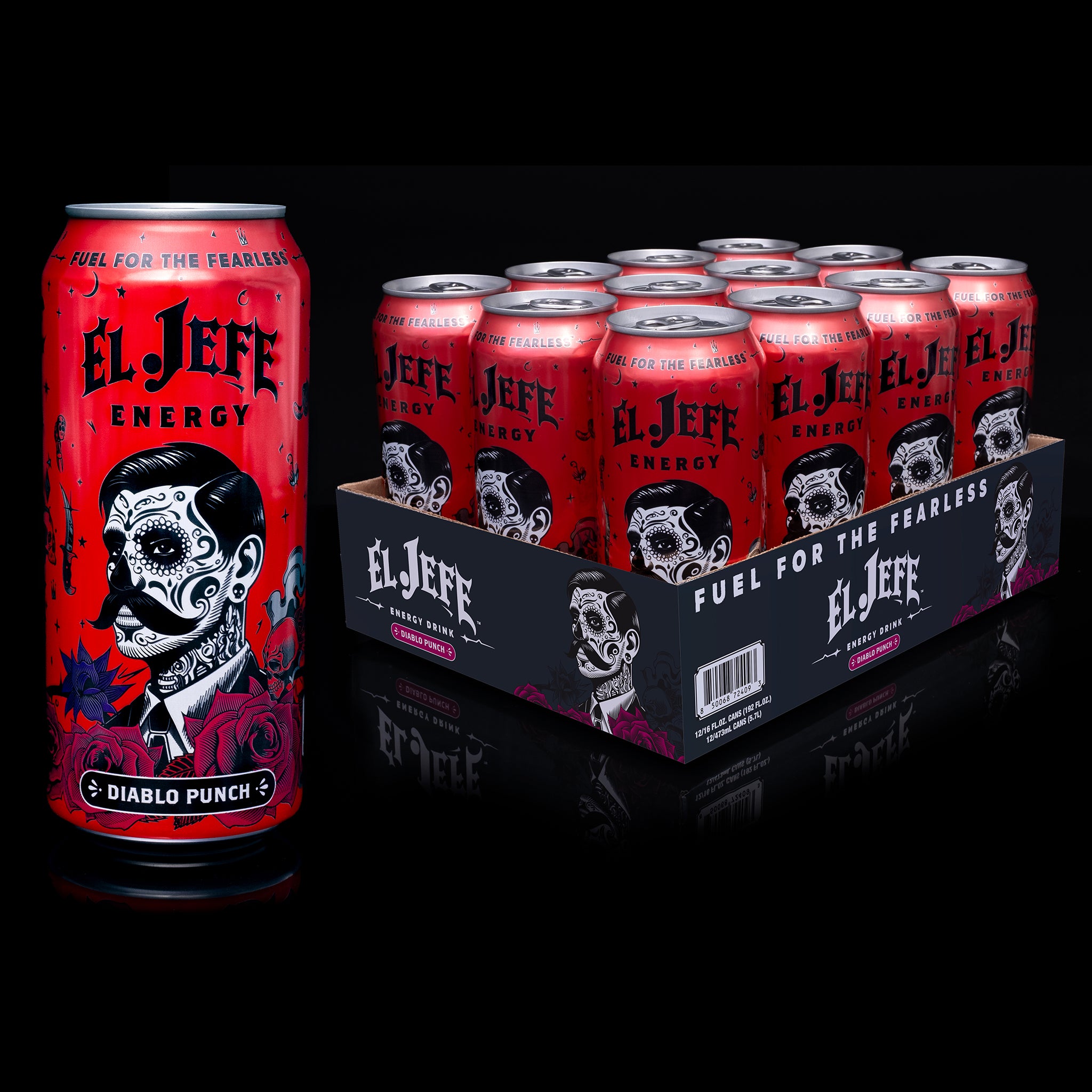 El Jefe Energy Diablo Punch can plus 12pk tray on a black background
