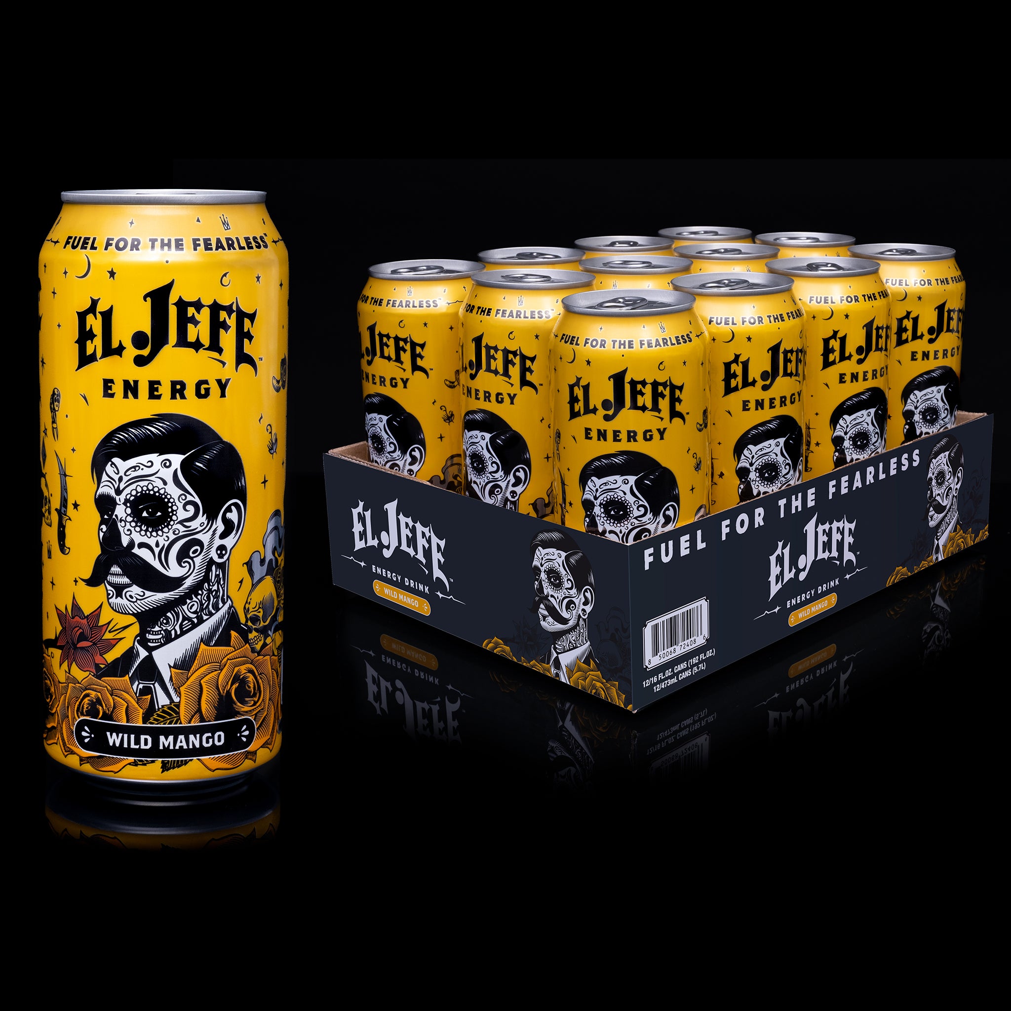 El Jefe Energy Wild Mango can plus 12pk tray on a black background
