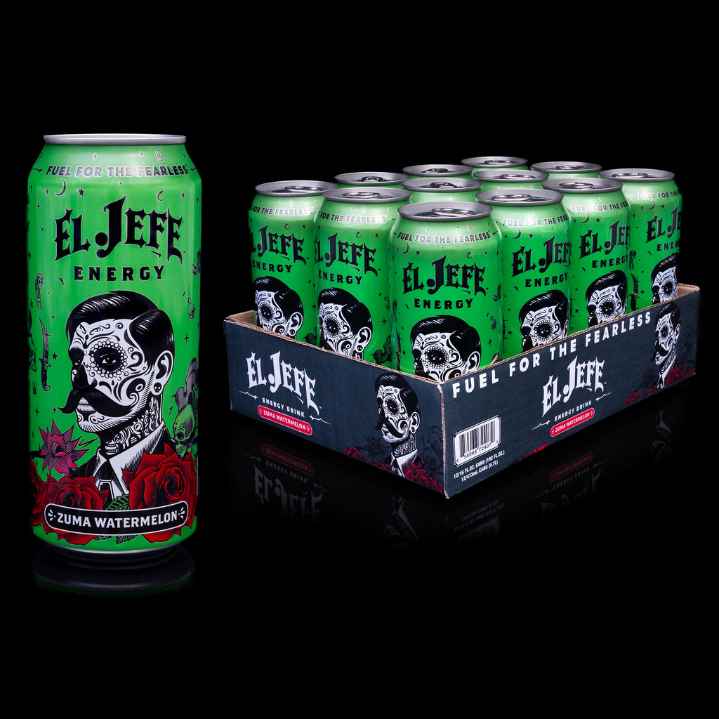El Jefe Energy Zuma Watermelon can plus 12pk tray on a black background