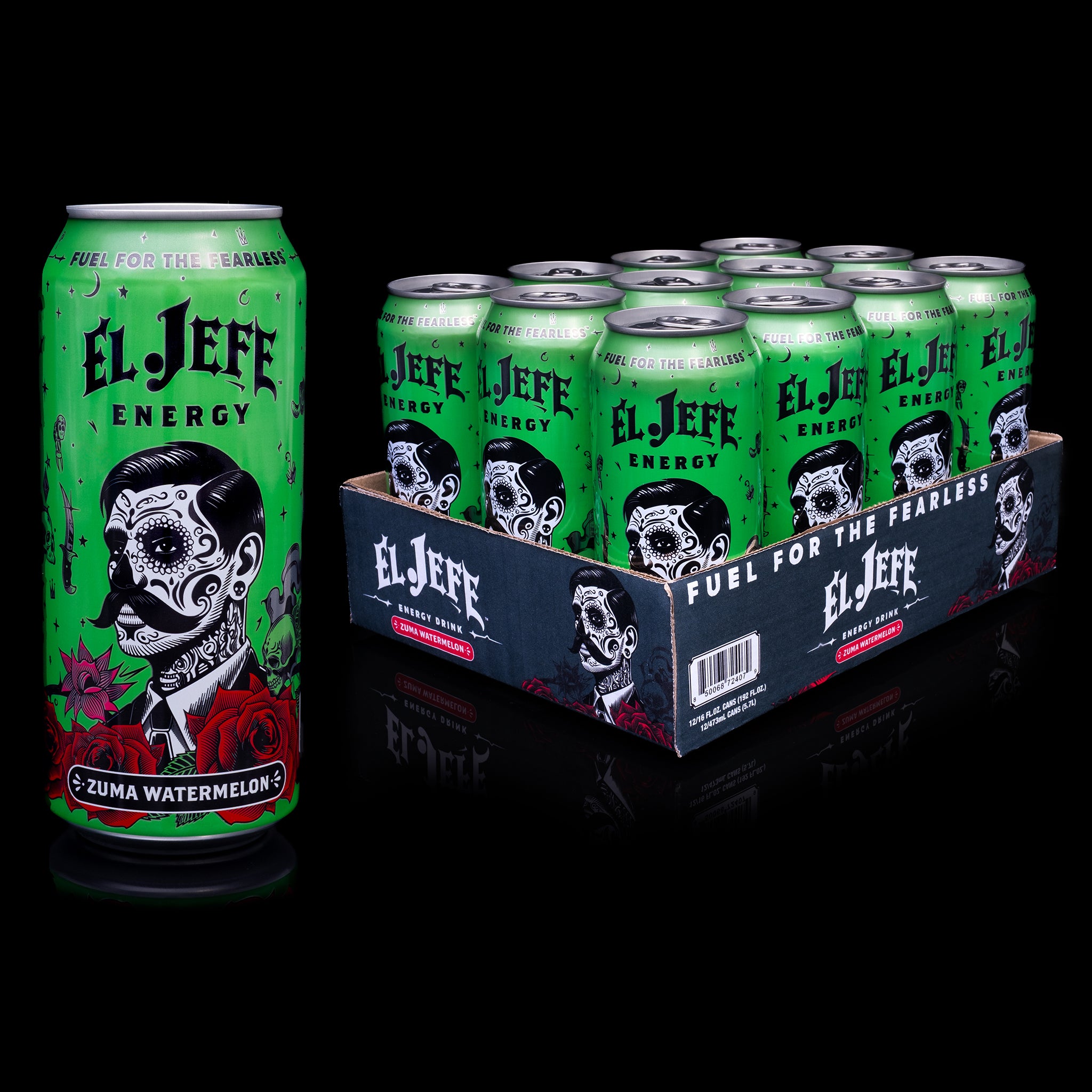 El Jefe Energy Zuma Watermelon can plus 12pk tray on a black background