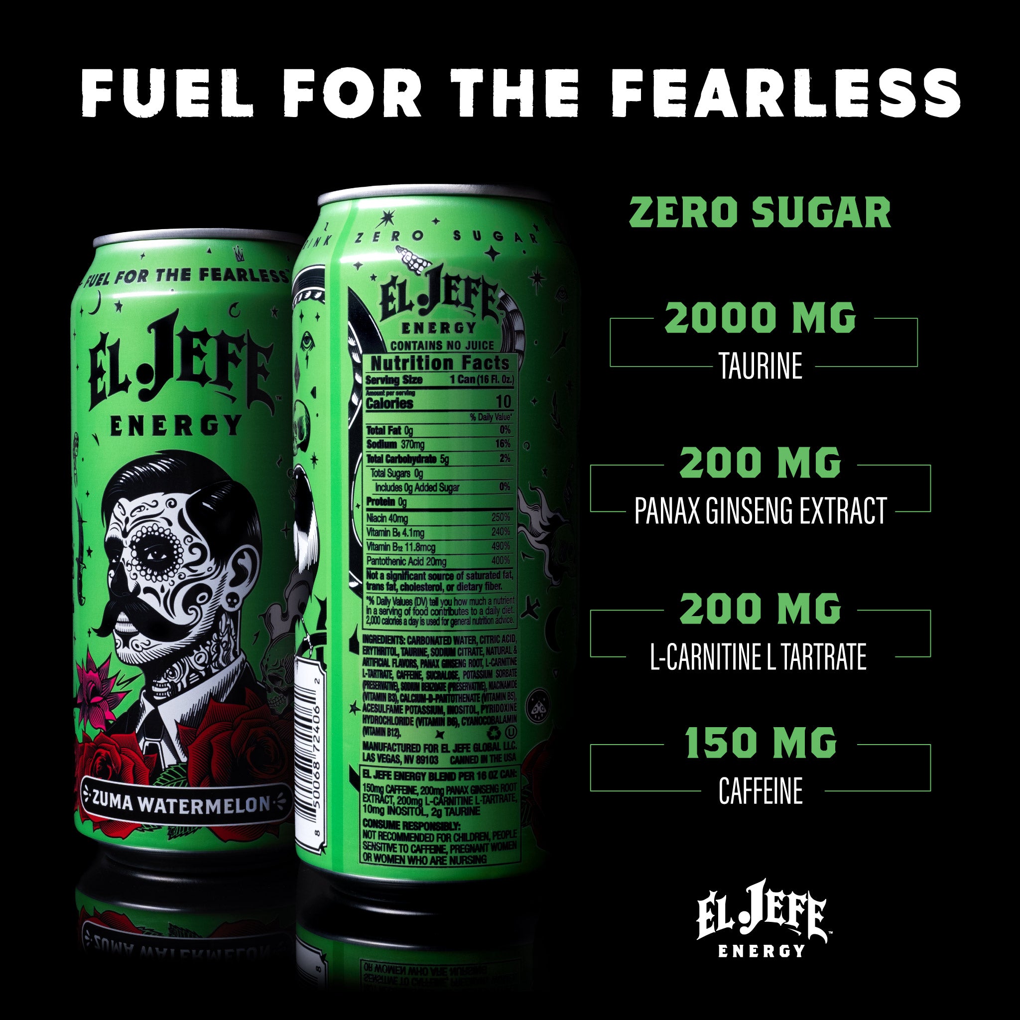 El Jefe Energy Zuma Watermelon can with nutritional facts on a black background