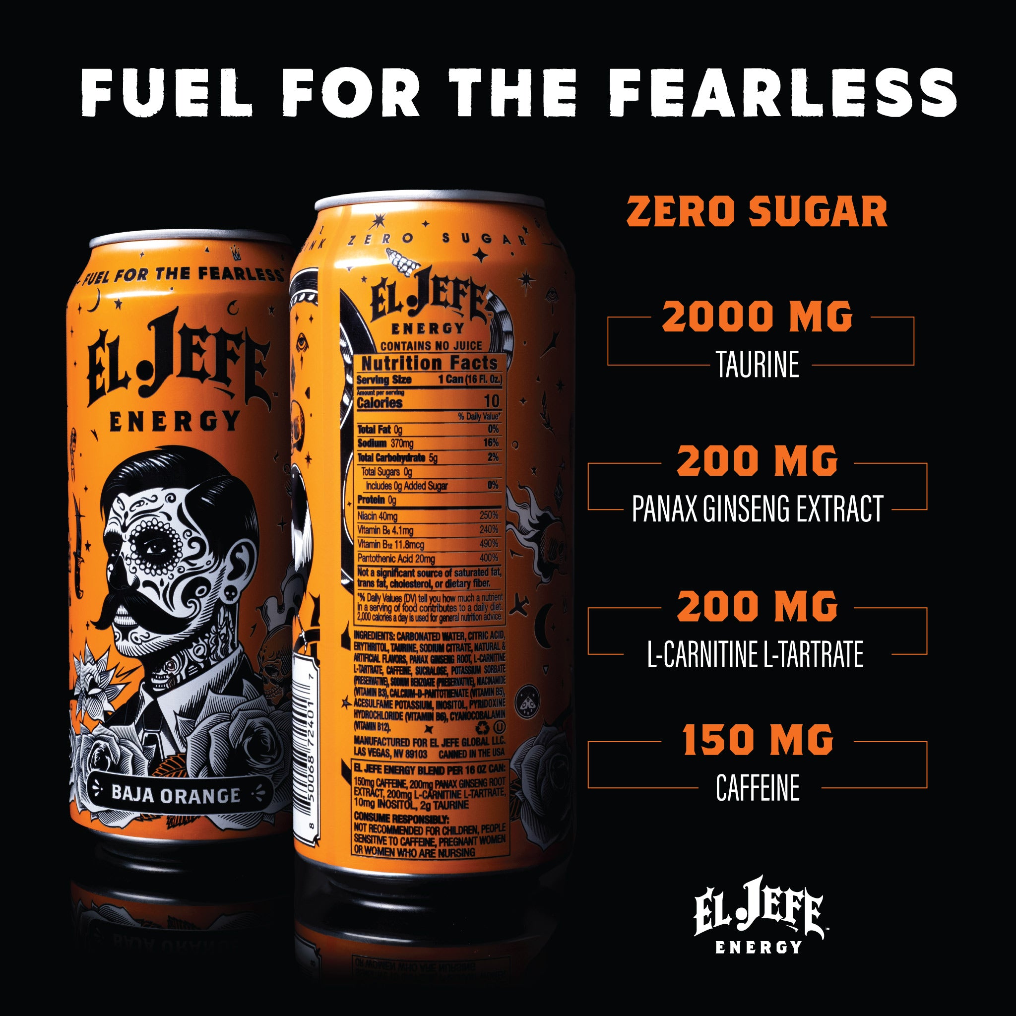 Two orange energy drink cans with 'El Jefe' branding inform on a black background