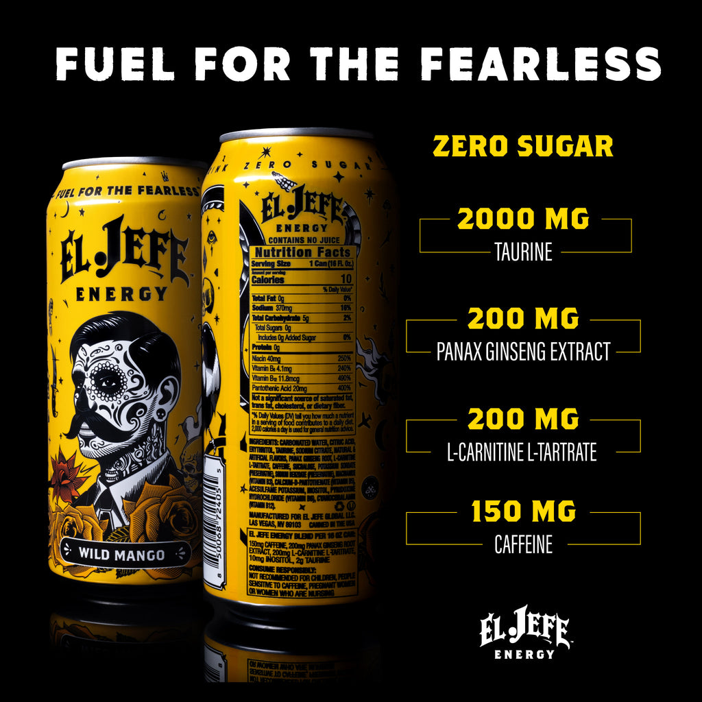 El Jefe Energy Wild Mango drink can with nutritional information on a black background