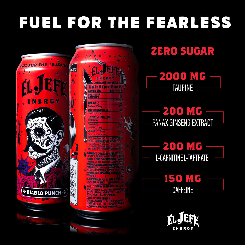 Two Diablo Punch red energy drink cans with 'El Jefe Energy' branding and nutritional information on a black background.