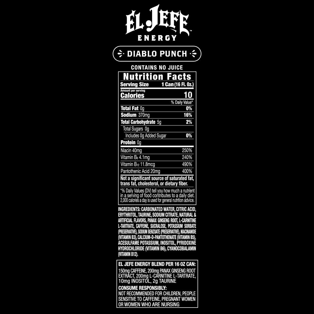 Nutrition facts label for El Jefe Energy Diablo Punch on a black background