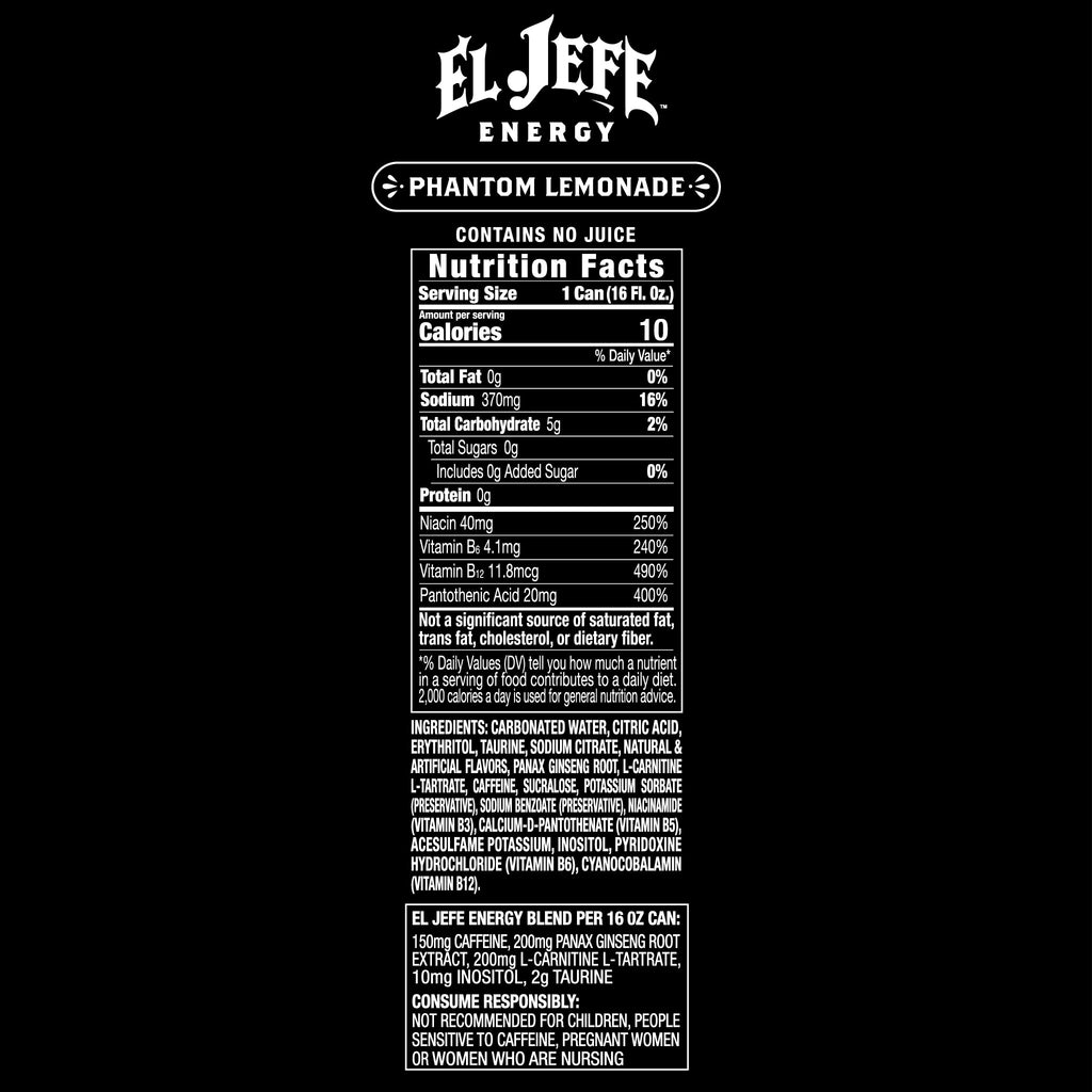 Nutrition facts label for El Jefe Energy Phantom Lemonade on a black background