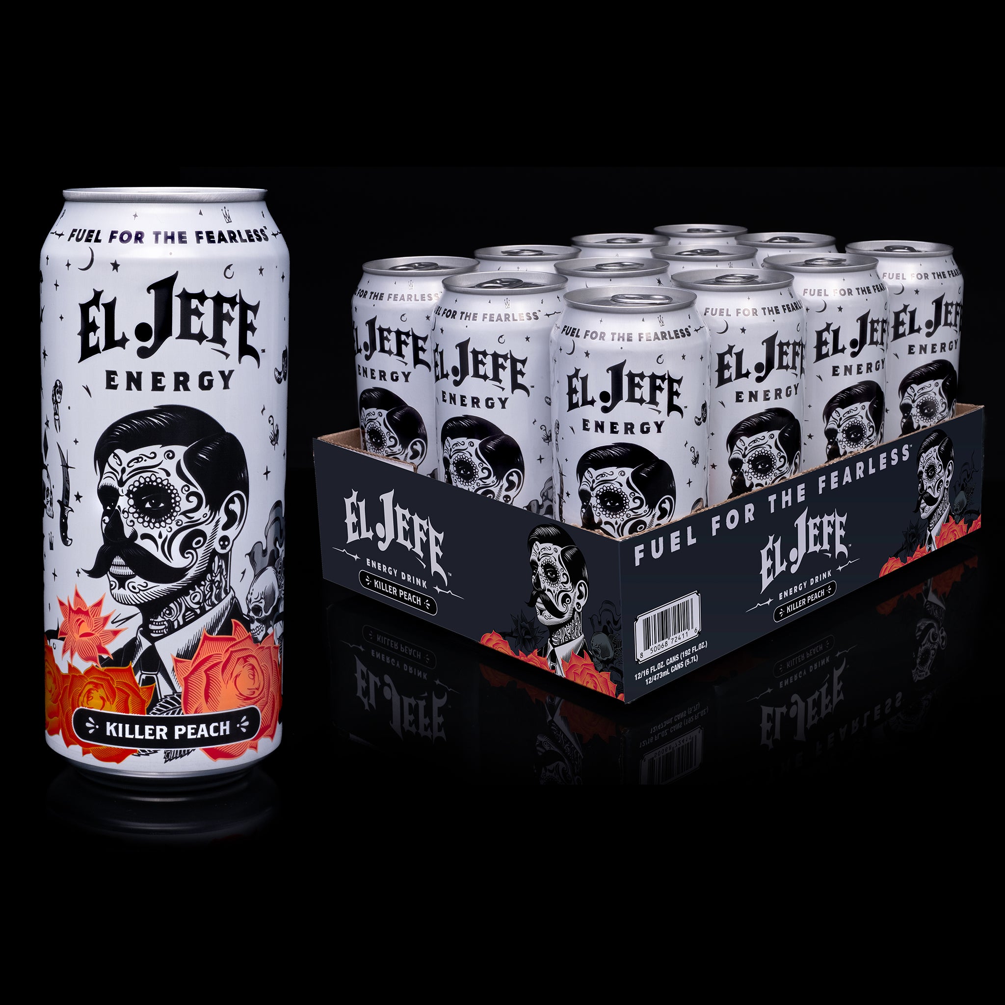 El Jefe Energy drink can plus 12 pk tray on a black background