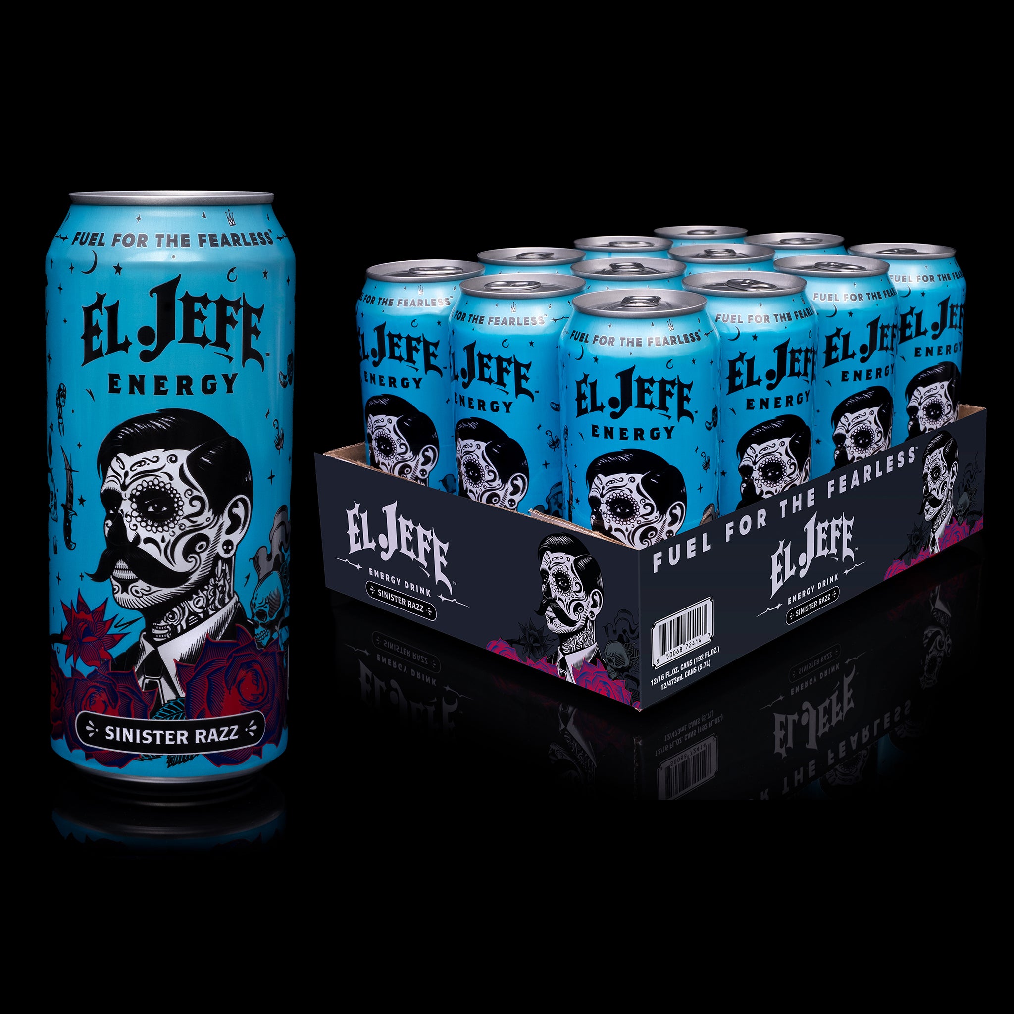 El Jefe Energy Sinister Razz can with a 12pk tray of the same product on a black background