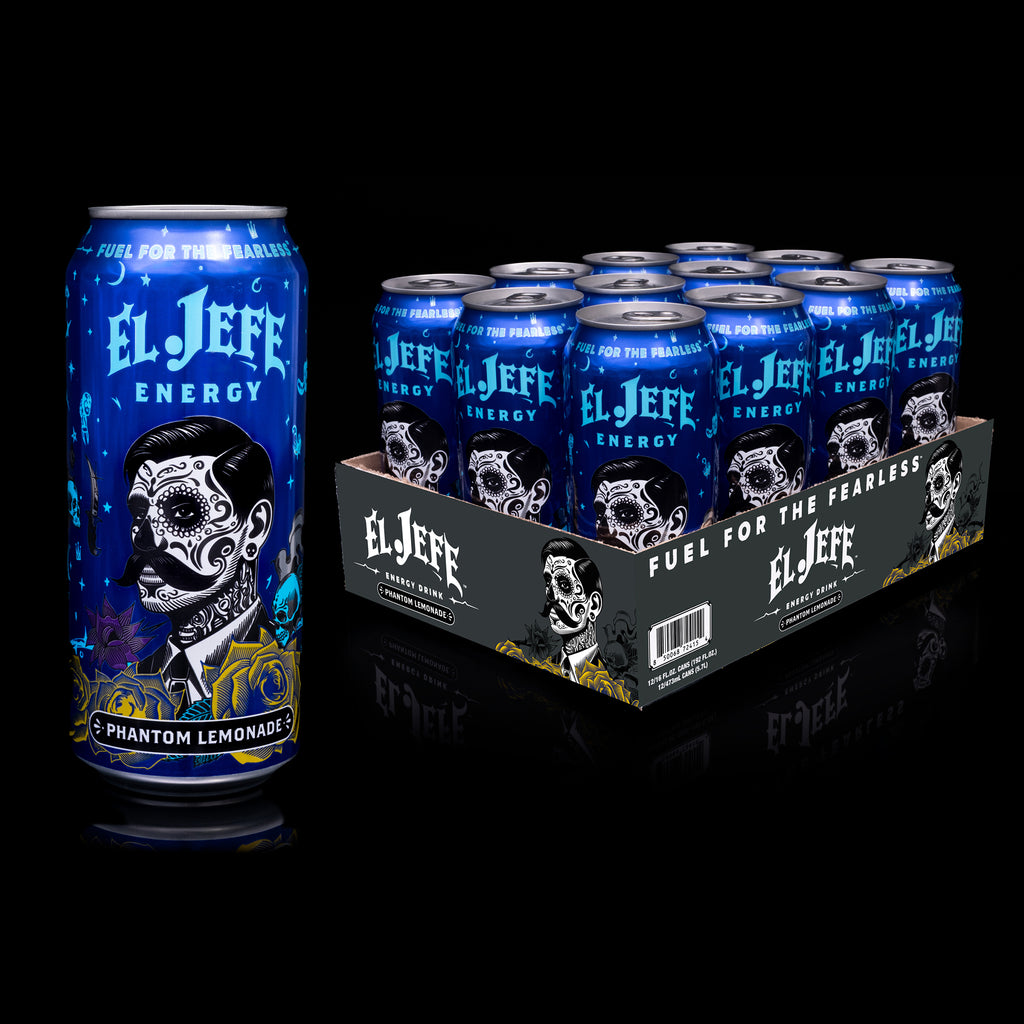 El Jefe Energy drink can and packaging on a black background
