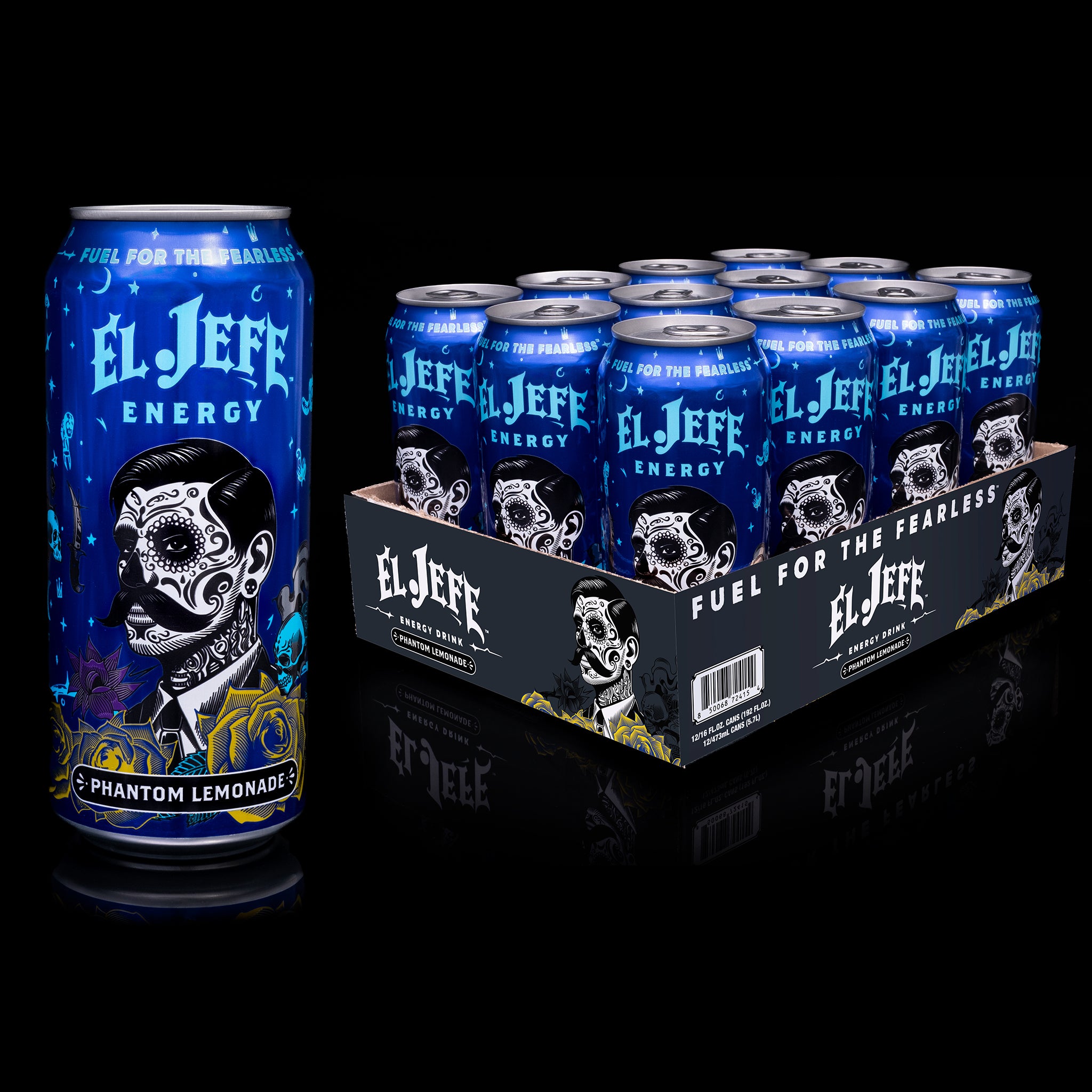 El Jefe Energy Phantom Lemonade can with a 12pk tray of the same product on a black background