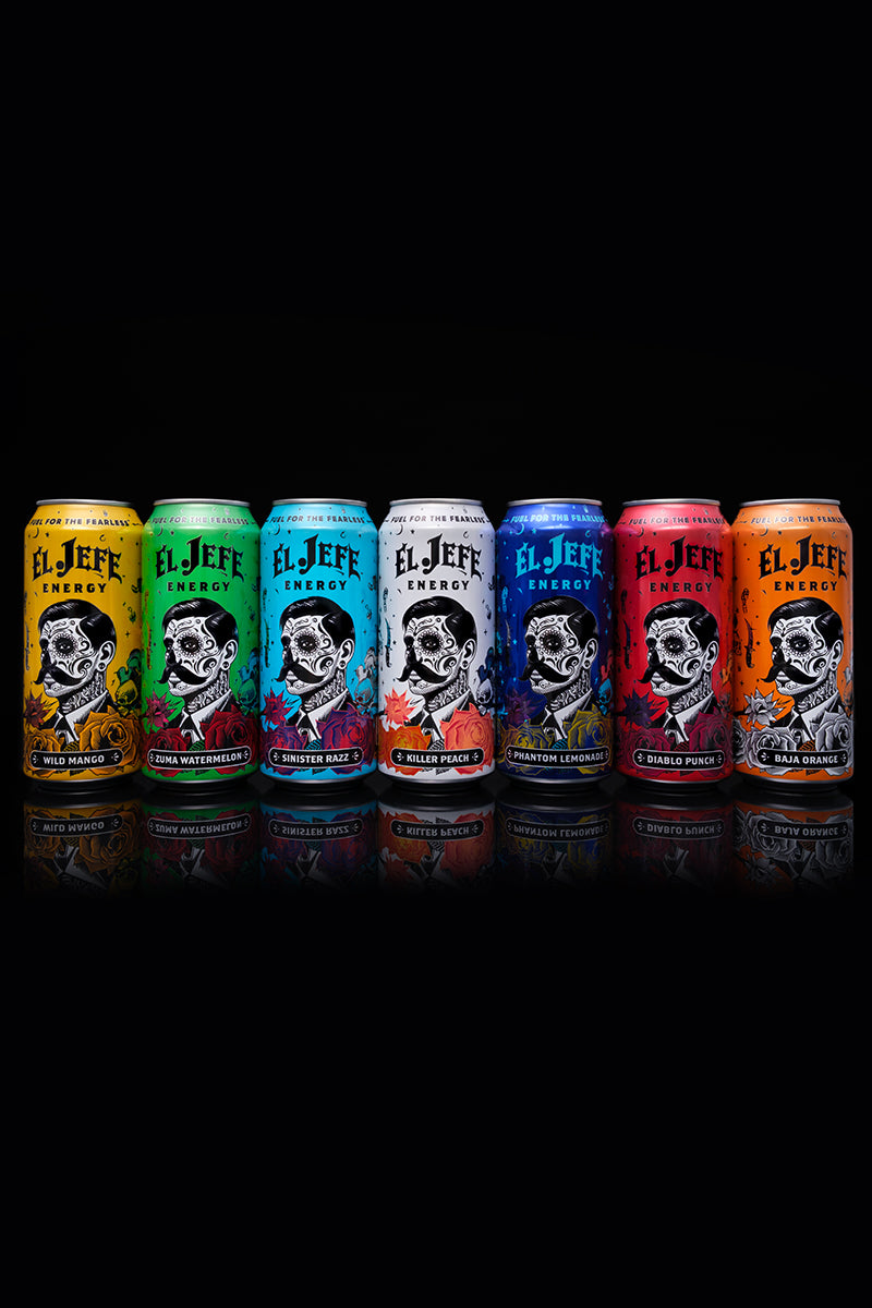 Seven cans of 'El Jefe' energy drink in various colors on a black background