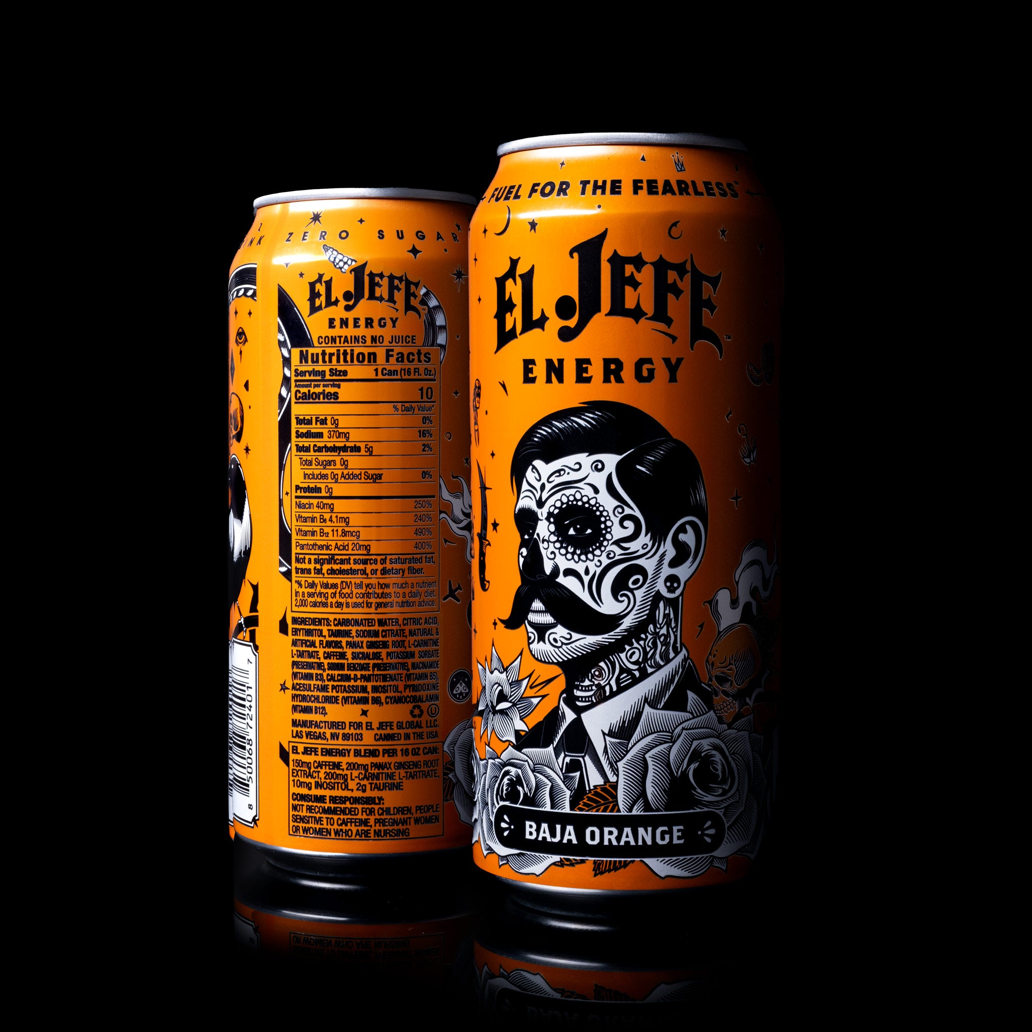 Two orange energy drink cans with 'El Jefe' branding on a black background