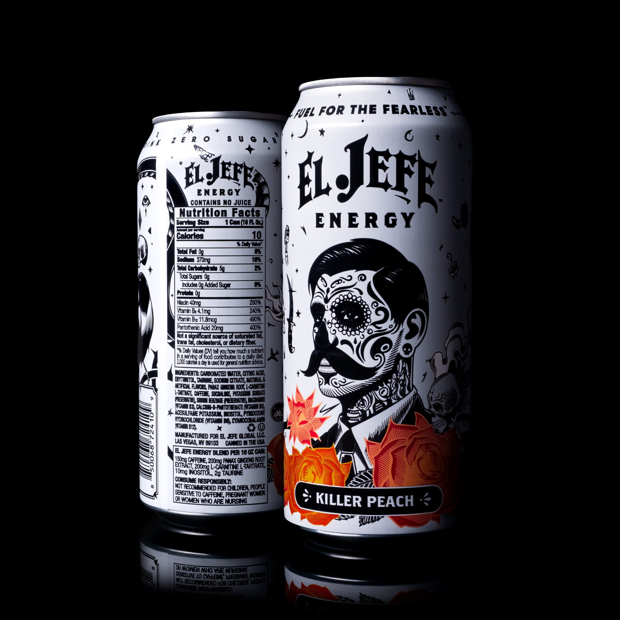 Two cans of El Jefe Energy Killer Peach drink on a black background