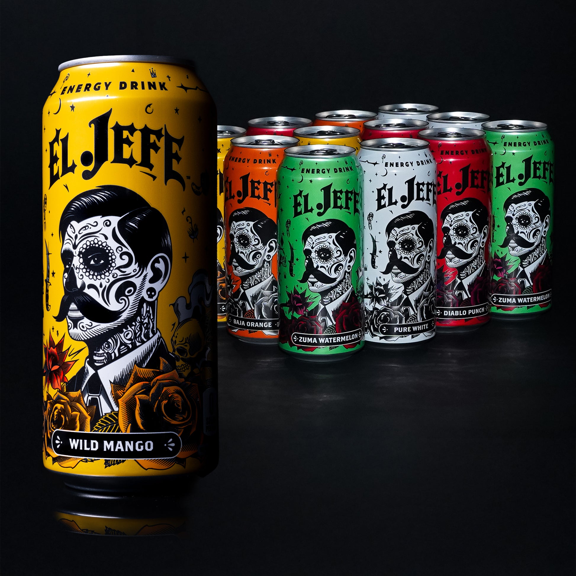 Collection of El Jefe energy drink cans in various flavors on a black background