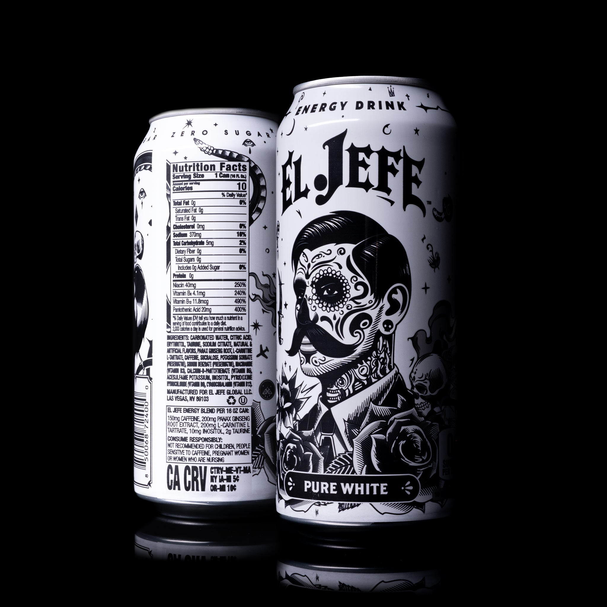 Two cans of 'El Jefe' energy drink with black and white design on a black background